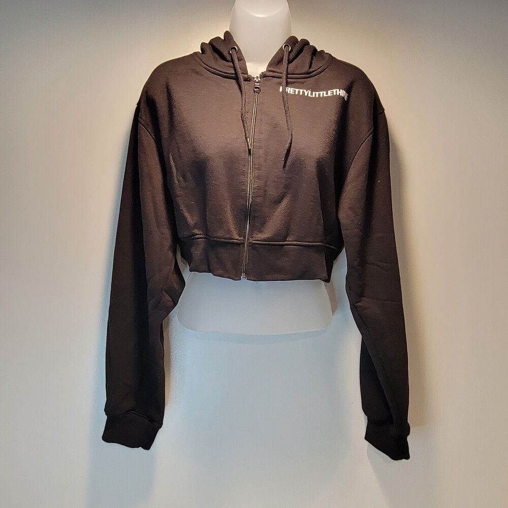 Pretty Little Thing Crop Zip Up Hoodie Black w/ White Logo - Size : Girls 14